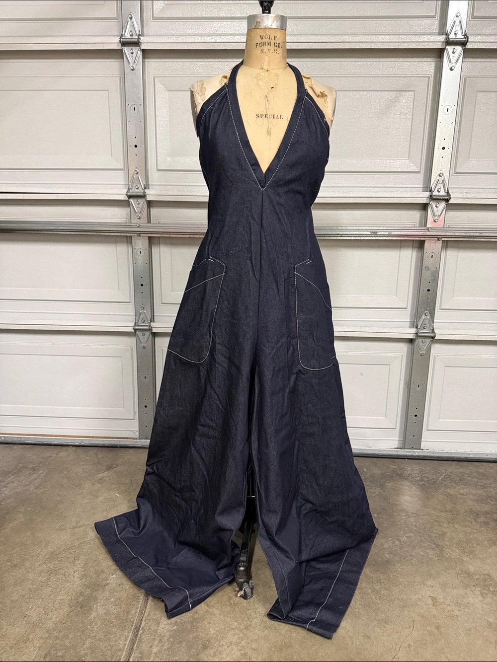 Dark Indigo Halter Wide-Leg Jeans Jumpsuit with Pockets